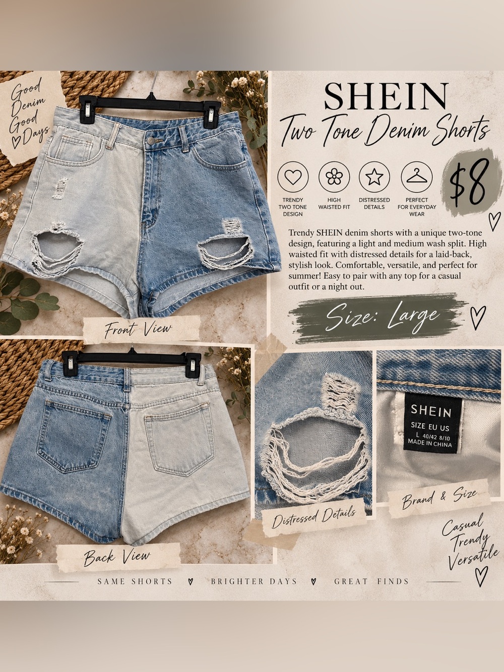 SHEIN Two-Tone Light & Medium Blue Distressed Denim Shorts